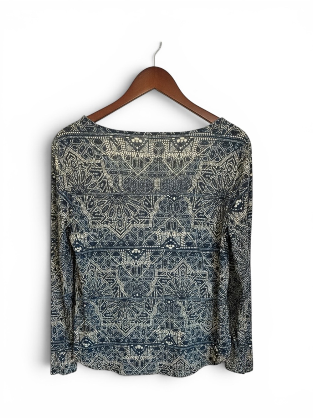 Chico’s Blue Geometric Kaleidoscope Print Mesh Lined Top Size 1 Long Sleeve - Picture 3 of 12